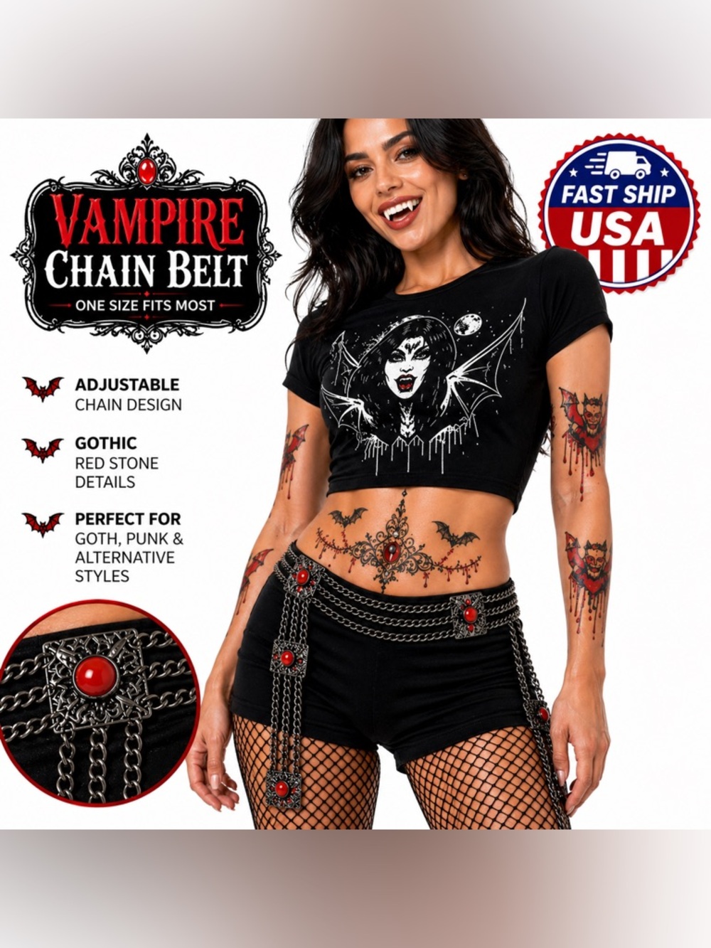 Gothic Chain Belt Red Gem Dangle Waist Chain Steampunk Punk Vampire Unisex Small